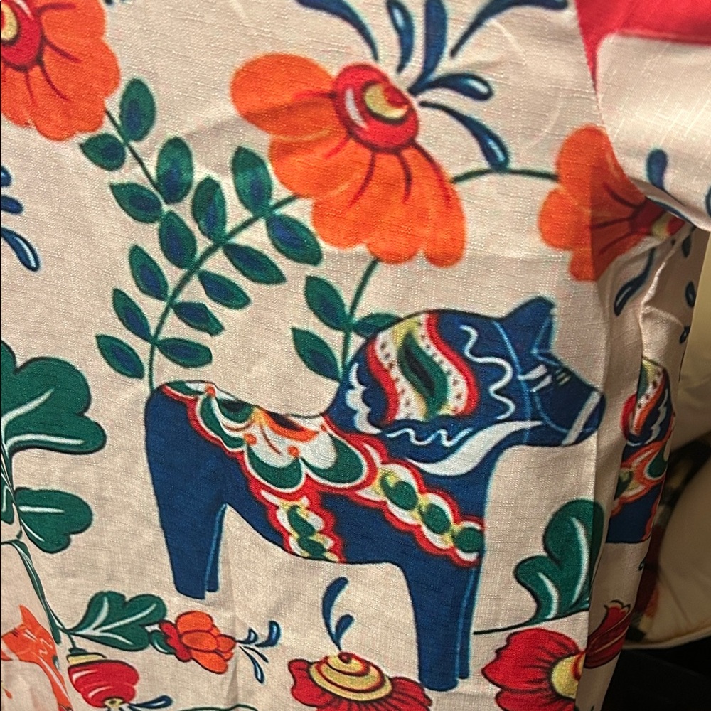 Scandinavian Swedish Dala Folk Horse Floral Print Linen Top